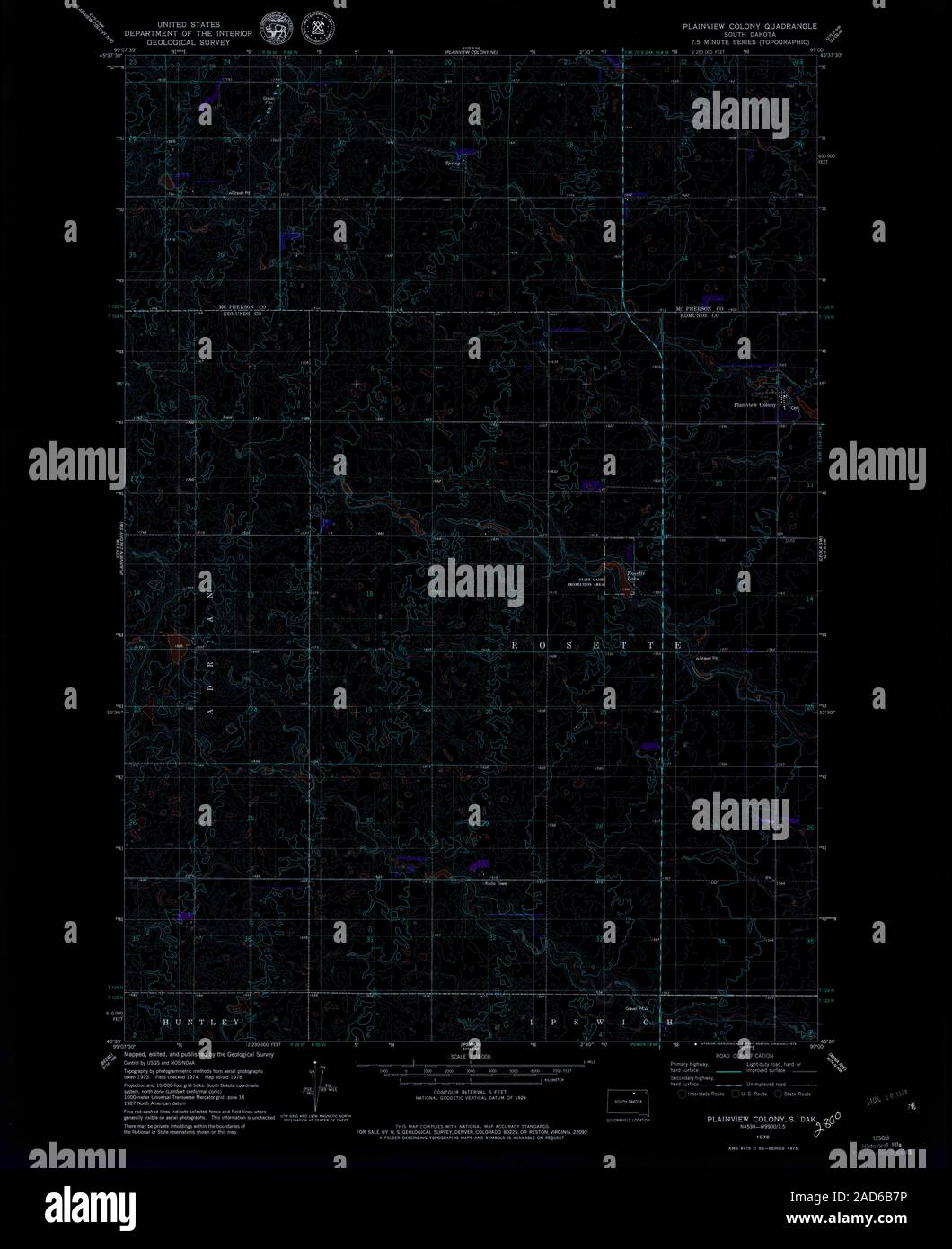 USGS TOPO Map South Dakota SD Plainview Colony 343986 1978 24000 Restauro invertito Foto Stock