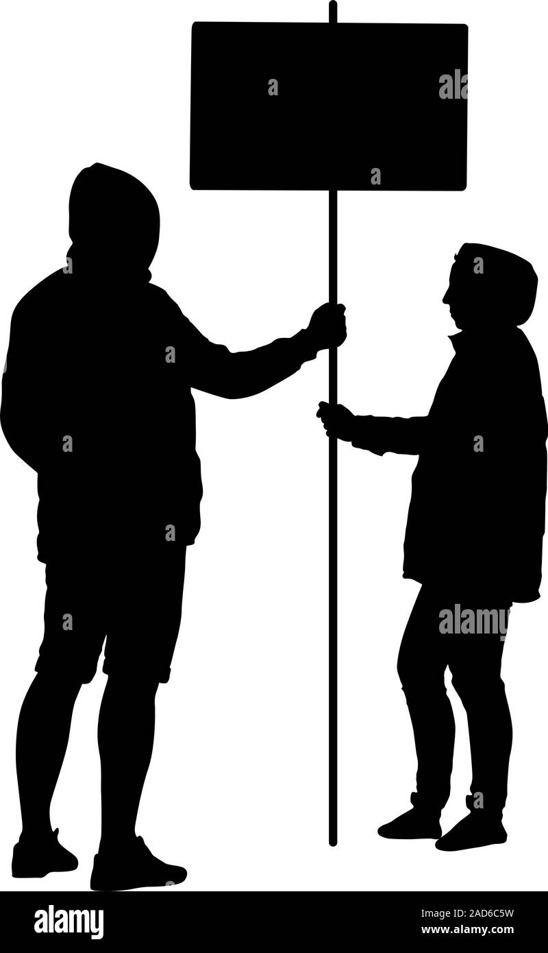 Silhouette uomo e donna tenere banner su un palo, illustrazione vettoriale. Illustrazione Vettoriale