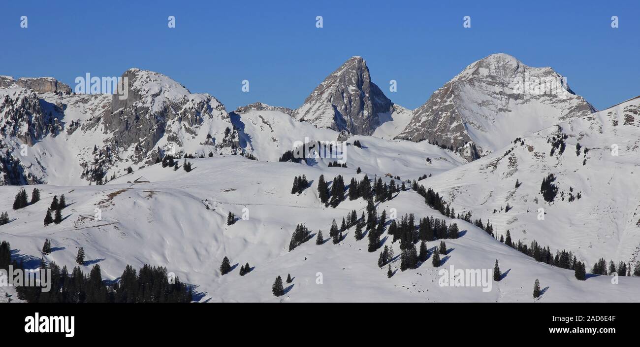 Dent de Ruth e altre montagne coperte di neve vista dal monte Rellerli, Svizzera. Foto Stock