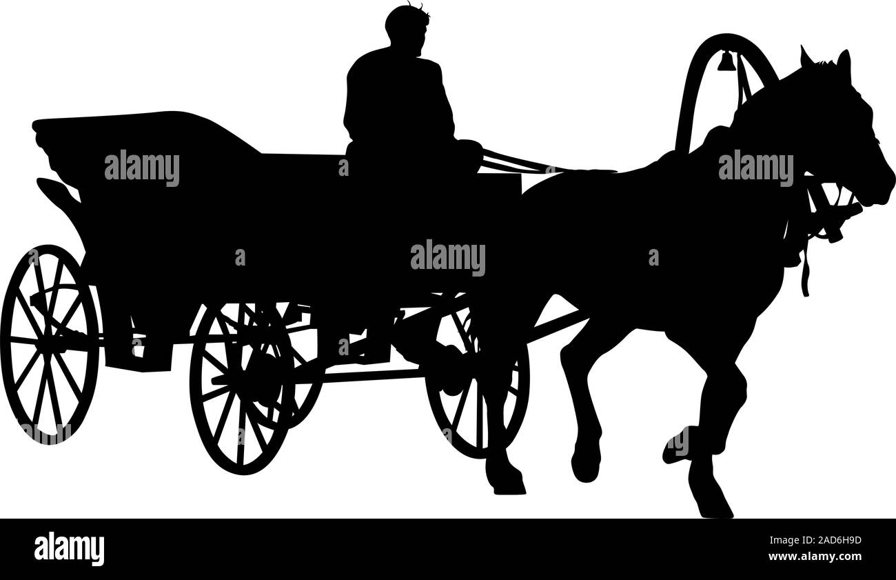Silhouette a cavallo e carrozza con cocchiere. Illustrazione Vettoriale. Illustrazione Vettoriale