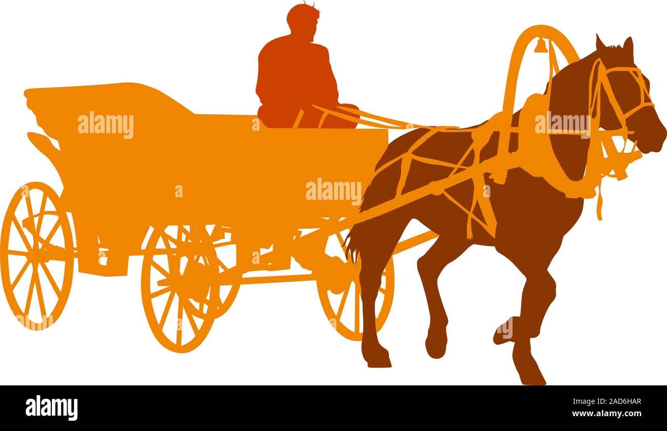 Silhouette a cavallo e carrozza con cocchiere. Illustrazione Vettoriale. Illustrazione Vettoriale