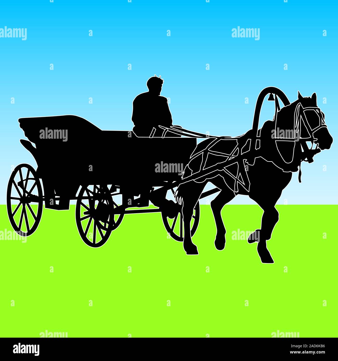 Silhouette a cavallo e carrozza con cocchiere. Illustrazione Vettoriale. Illustrazione Vettoriale