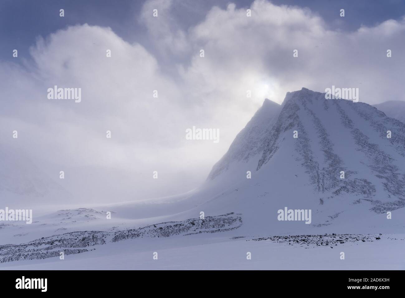 Paesaggio in Snow Drift, Unna Reaiddavaggi, Lapponia, Svezia Foto Stock