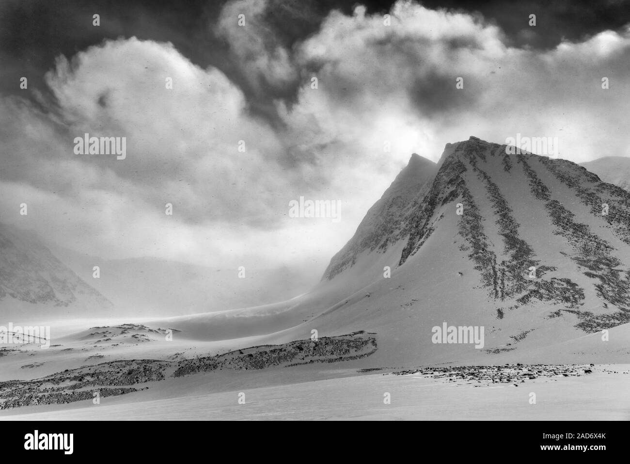 Paesaggio in Snow Drift, Unna Reaiddavaggi, Lapponia, Svezia Foto Stock