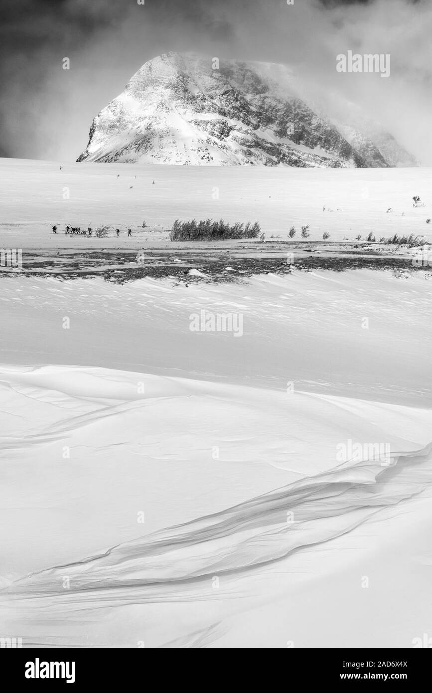 Gli sciatori in tour in Snow Drift, Stuor Reaiddavaggi, Lapponia, Svezia Foto Stock
