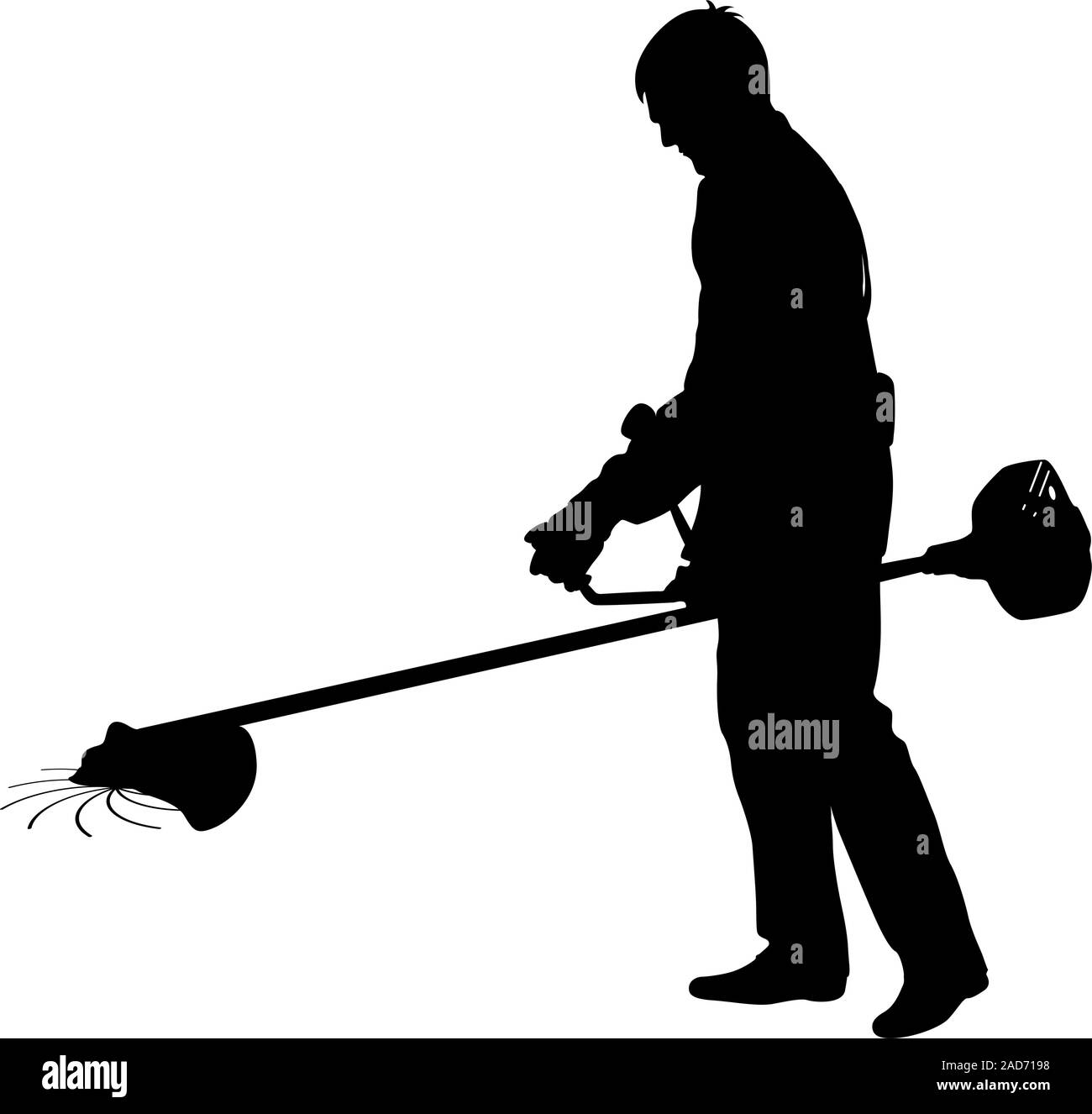 Silhouette lavoratore di un giardino interrompe l'erba. Illustrazione Vettoriale. Illustrazione Vettoriale