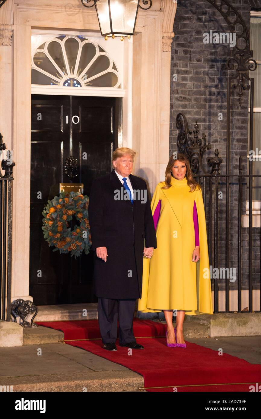 Londra, Regno Unito. Il 3 dicembre 2019. Nella foto: (sinistra) Donald Trump J - 45th Presidente del Regno inizia di America, (destra) Melania Trump - First Lady. Boris Johnson, Primo Ministro del Regno Unito ospita una reception con leader stranieri in anticipo della NATO (Organizzazione del Trattato del Nord Atlantico) riunione il 4 dicembre. Credito: Colin Fisher/Alamy Live News Foto Stock