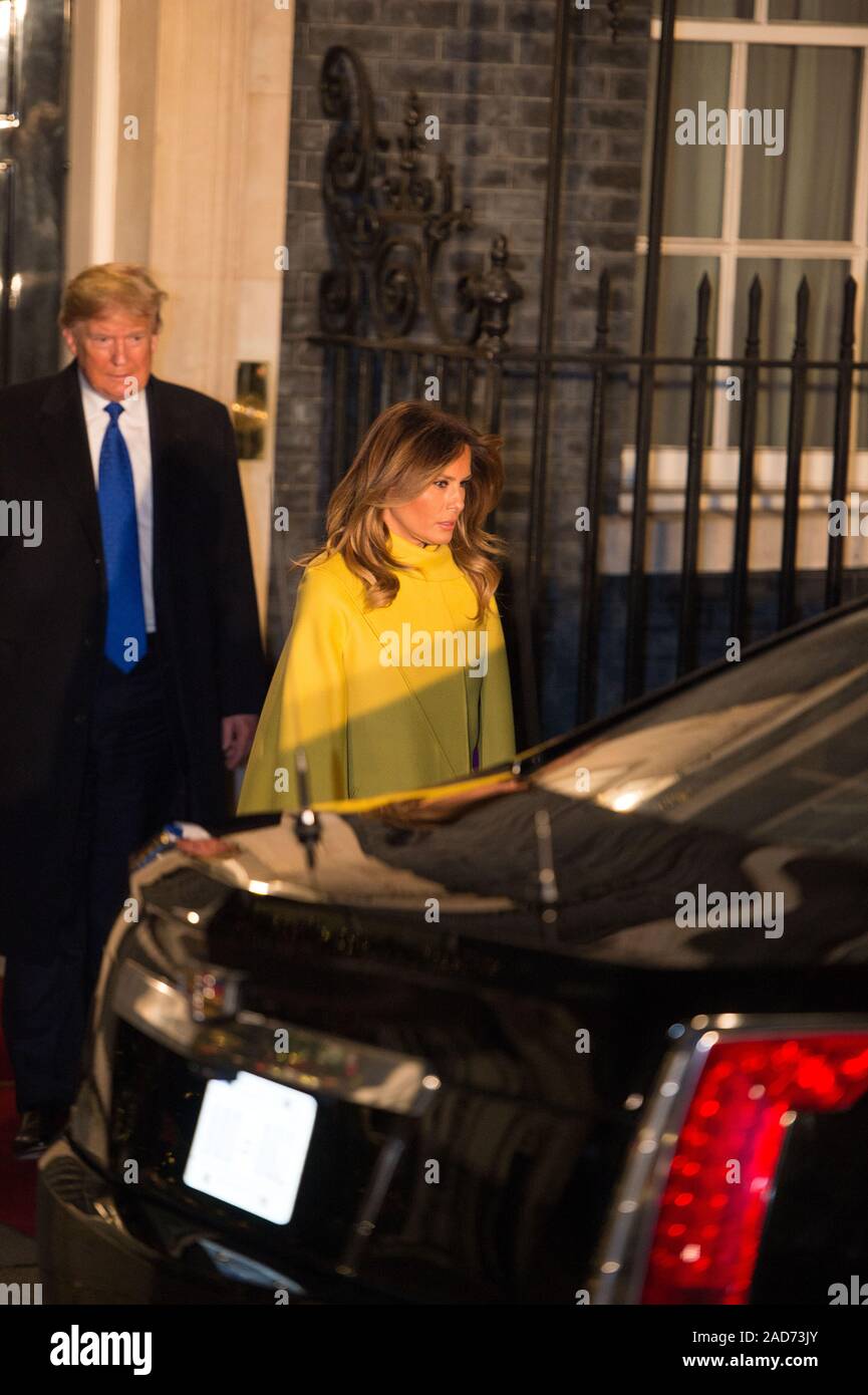 Londra, Regno Unito. Il 3 dicembre 2019. Nella foto: (sinistra) Donald Trump J - 45th Presidente del Regno inizia di America, (destra) Melania Trump - First Lady. Boris Johnson, Primo Ministro del Regno Unito ospita una reception con leader stranieri in anticipo della NATO (Organizzazione del Trattato del Nord Atlantico) riunione il 4 dicembre. Credito: Colin Fisher/Alamy Live News Foto Stock