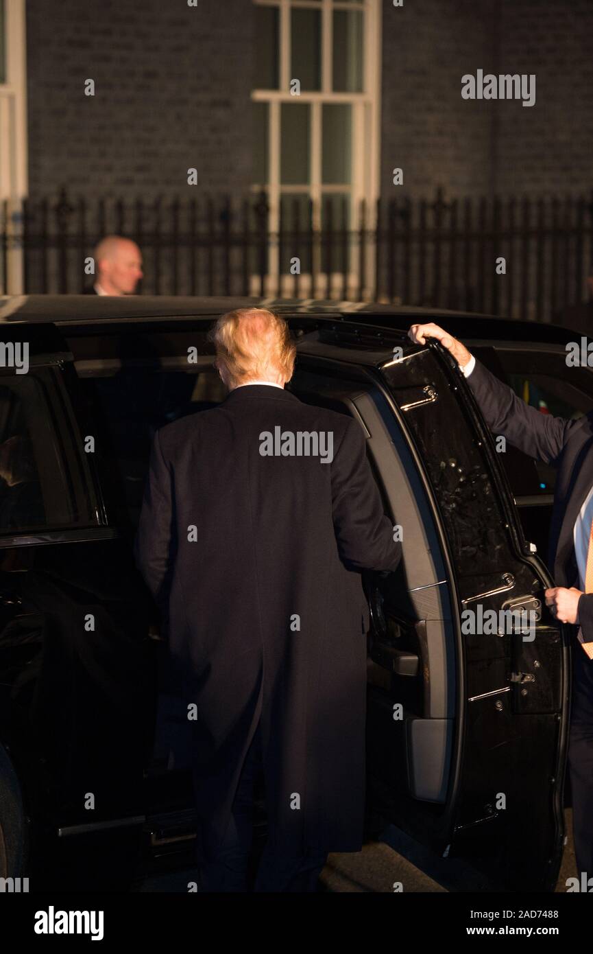 Londra, Regno Unito. Il 3 dicembre 2019. Nella foto: Donald Trump J - 45th Presidente del Regno inizia d'America. Boris Johnson, Primo Ministro del Regno Unito ospita una reception con leader stranieri in anticipo della NATO (Organizzazione del Trattato del Nord Atlantico) riunione il 4 dicembre. Foto Stock