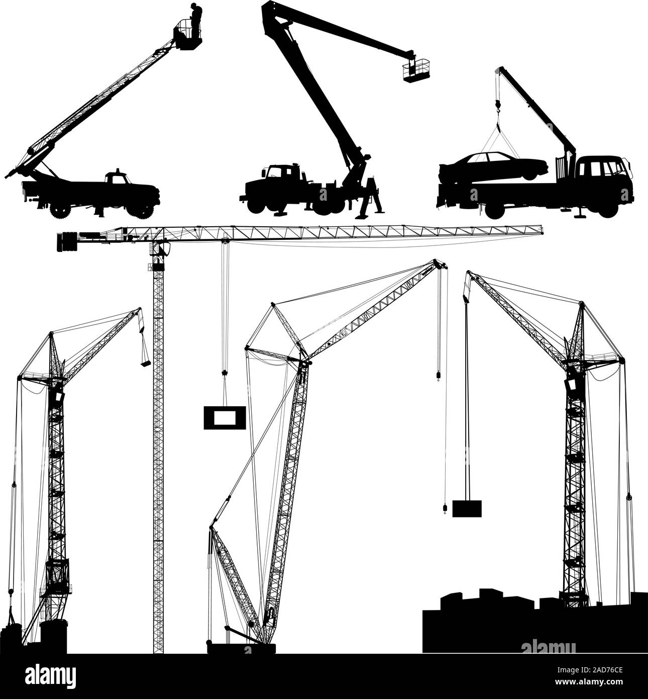 Set di nero gru di sollevamento isolata su sfondo bianco. Illustrazione Vettoriale. Illustrazione Vettoriale