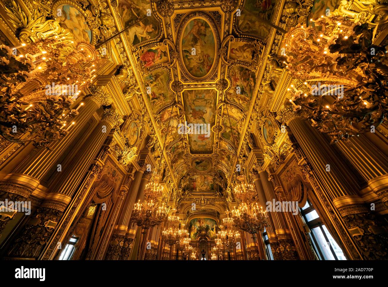 Una vista interna dell opera de Paris, Palais Garnier. Fu costruita dal 1861 al 1875 per la casa dell'Opera di Parigi. Foto Stock