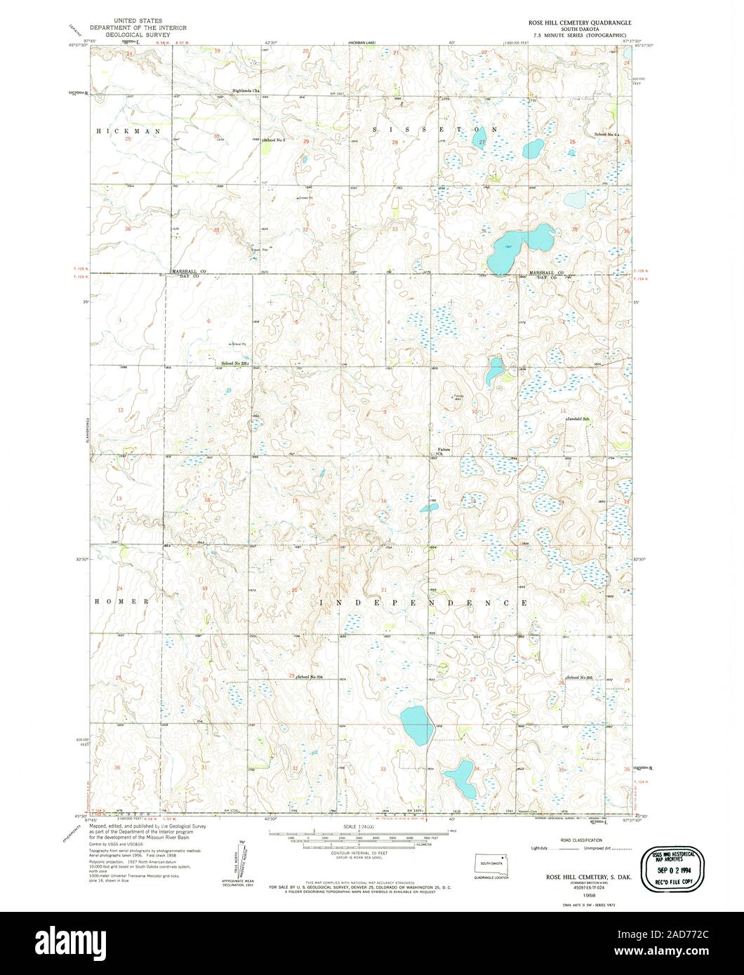 USGS TOPO Map South Dakota SD Rose Hill Cimitero 344149 1958 24000 Restauro Foto Stock