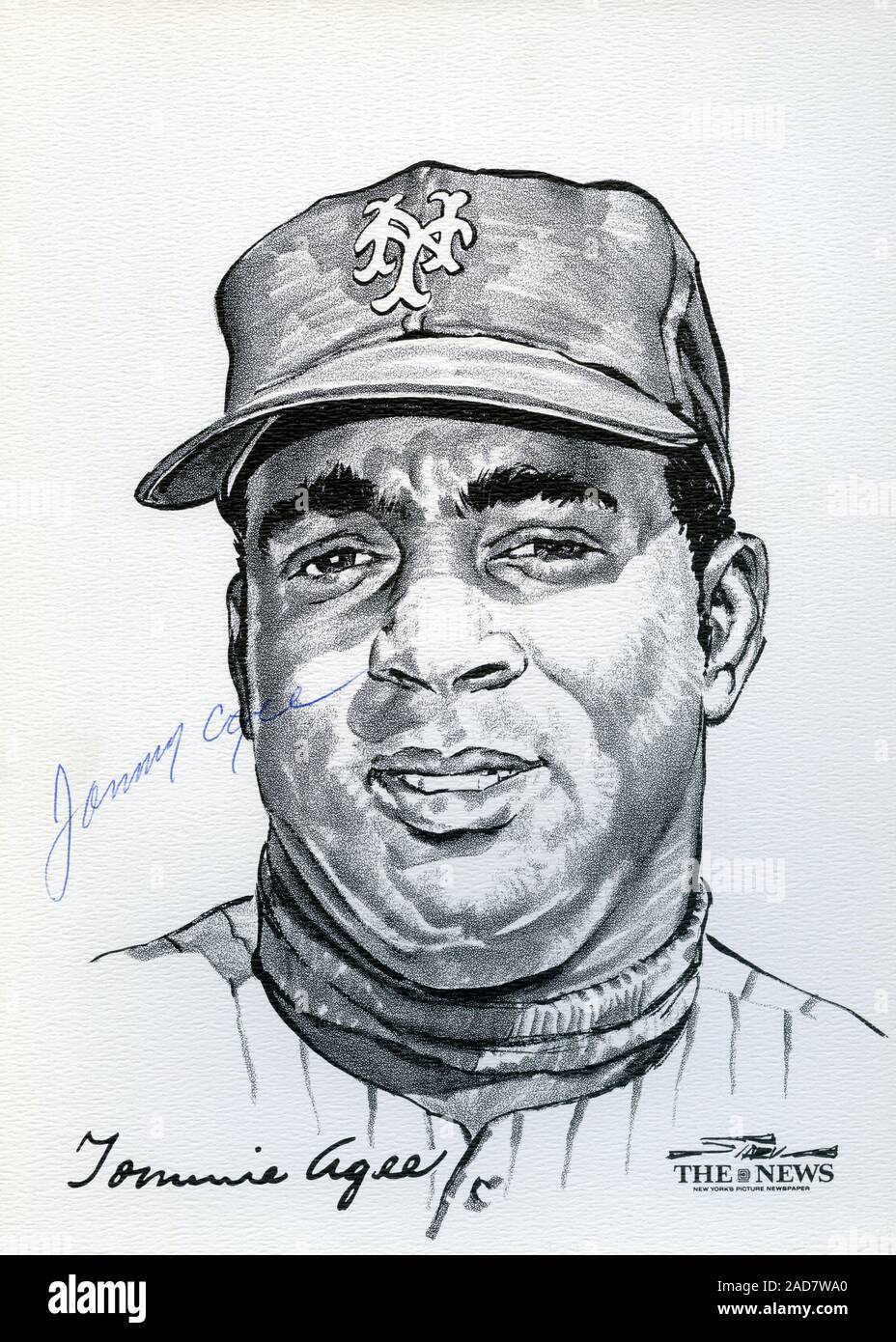 Ritratto di New York Mets player Tommie Aghè dal 1969 miracolo Mets squadra che ha vinto la World Series per artista Stark e rilasciato come un portafoglio di souvenir dalle notizie di New York. Foto Stock