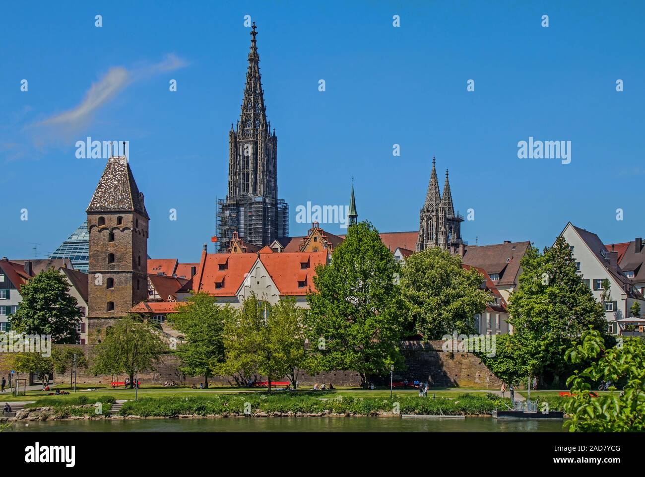 Ulm sul Danubio con mura, Minster e Metzgerturm Foto Stock