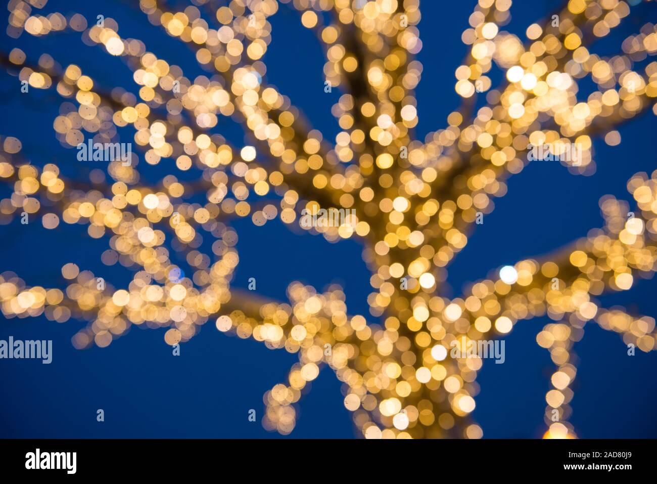 Sfocate luci d'oro albero di Natale Foto Stock