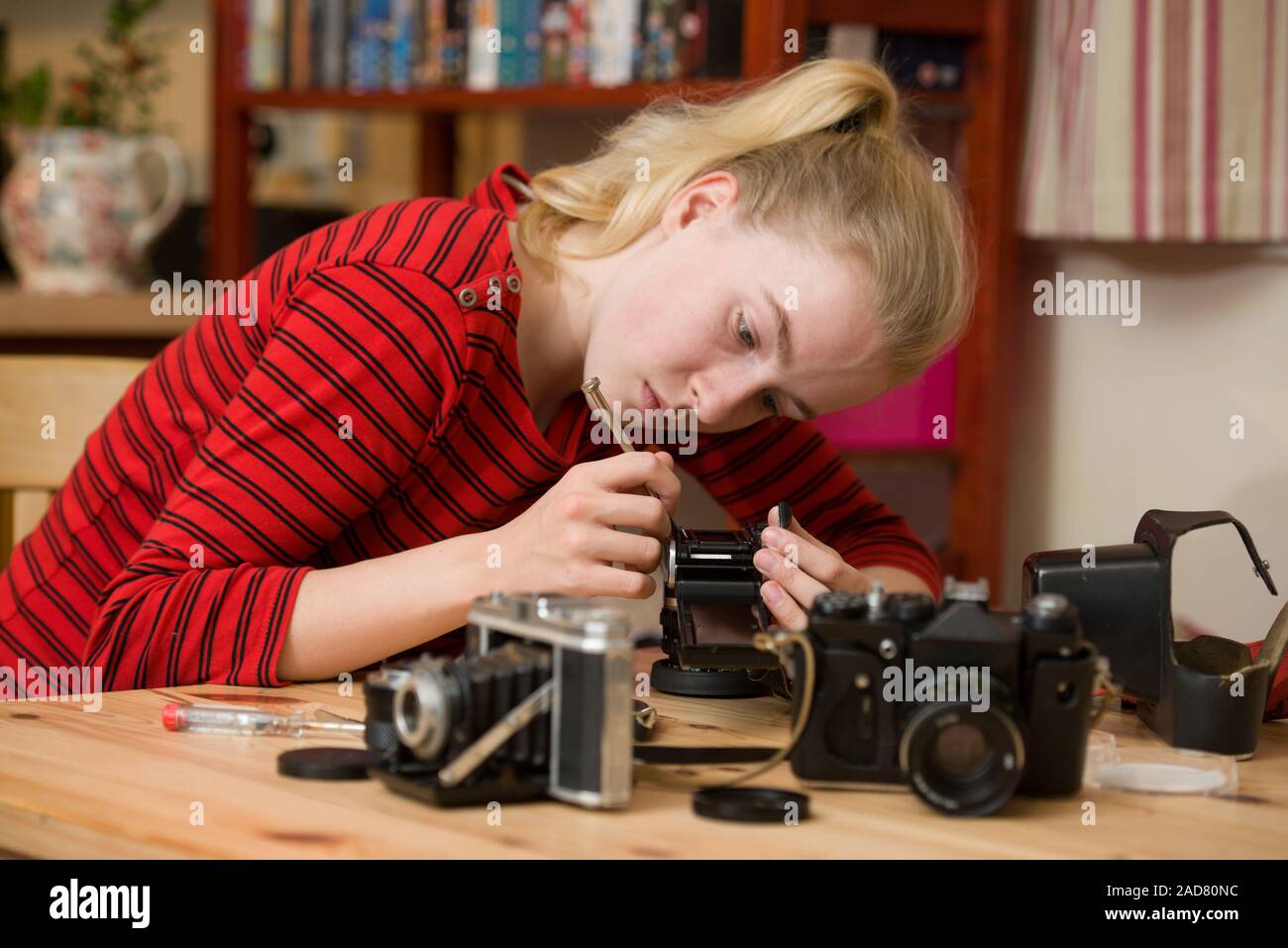 Ragazza adolescente servendosi di un piccolo cacciavite per riparare un antico fotocamera a pellicola. Altre telecamere sono porre sul tavolo di fronte a lei. Foto Stock