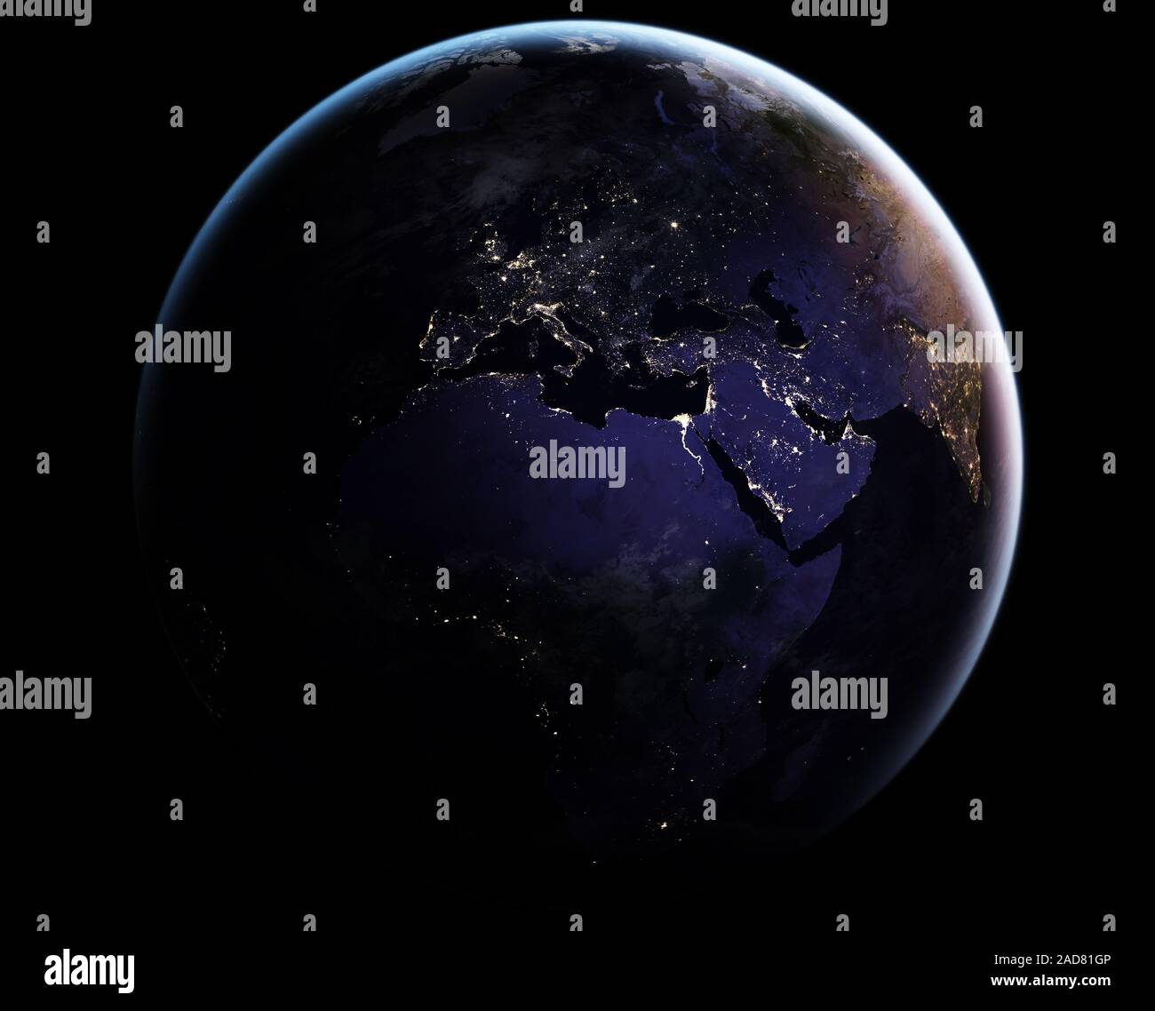 Messa a terra, di notte, luci notturne, Africa, Europa Penisola Arabica, 2016 dalla NASA/Joshua Stevens/DPA Foto Stock