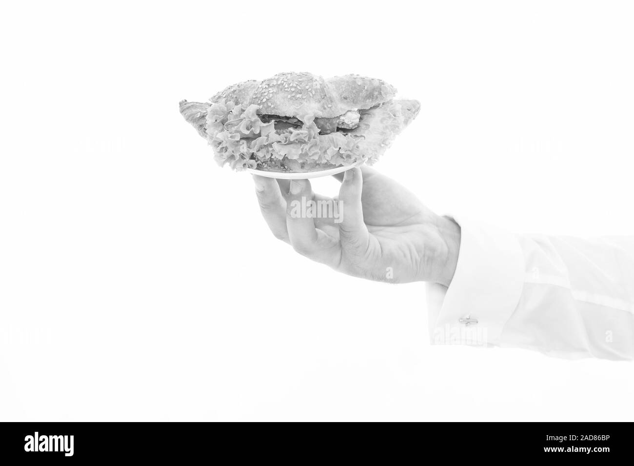 Sandwich è sempre una buona idea. Tenere in mano la piastra con sandwich. Carne e sandwich di lattuga. Pane sandwich con insalata di verdure. Alimentare il pranzo o uno spuntino. La dieta e dieta. Portable finger food. Foto Stock