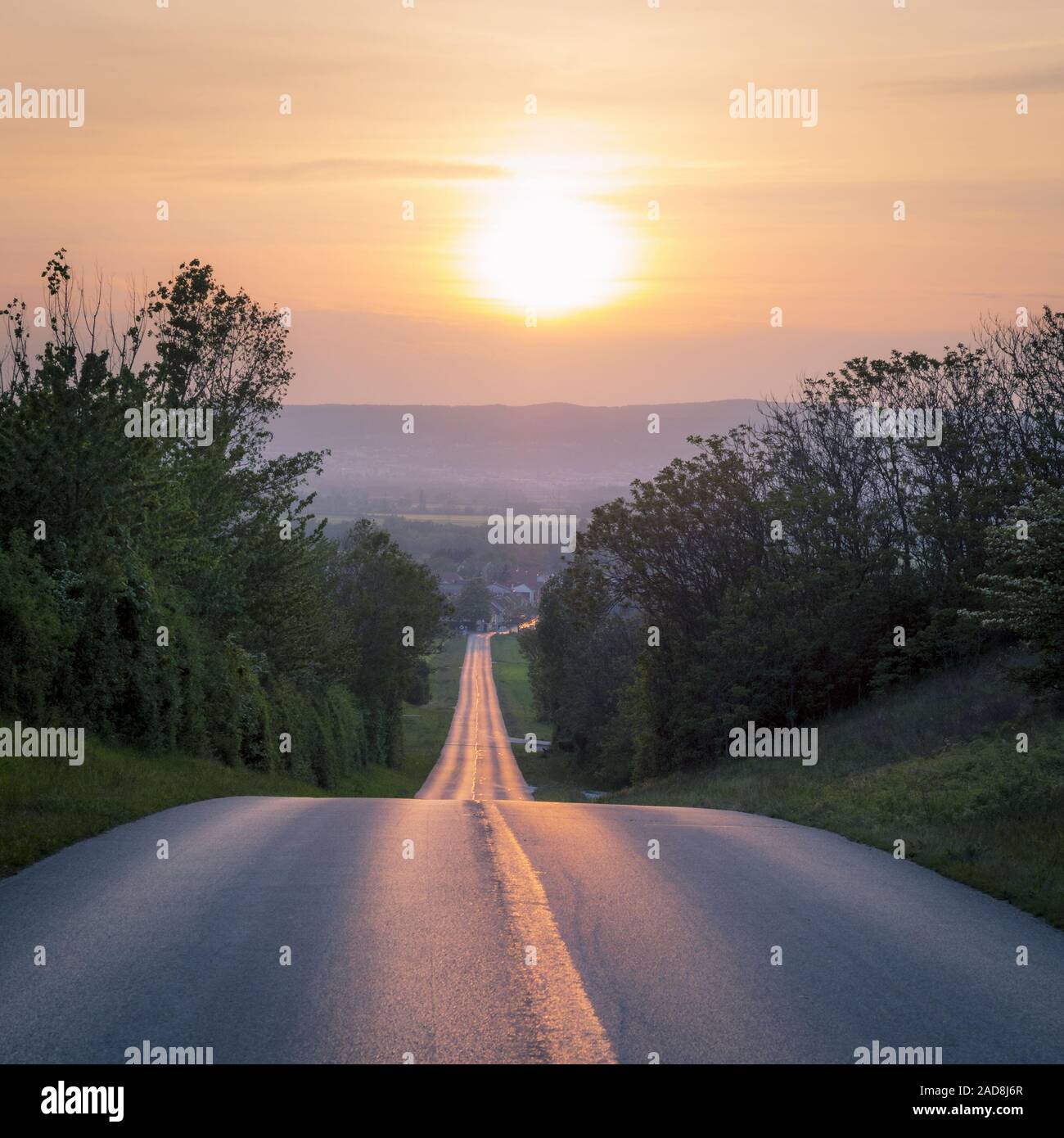 Strada conduce in sunset in Europa Foto Stock