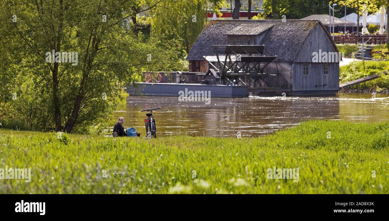 Schiffmuehle mulino sul fiume Weser, Minden, East Westfalia, Renania settentrionale-Vestfalia, Germania, Europa Foto Stock
