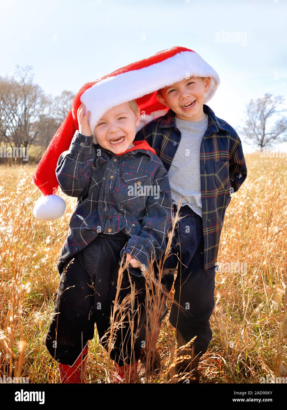 Due ragazzi condividono un cappello da Babbo Natale sorridente ritratto Foto Stock