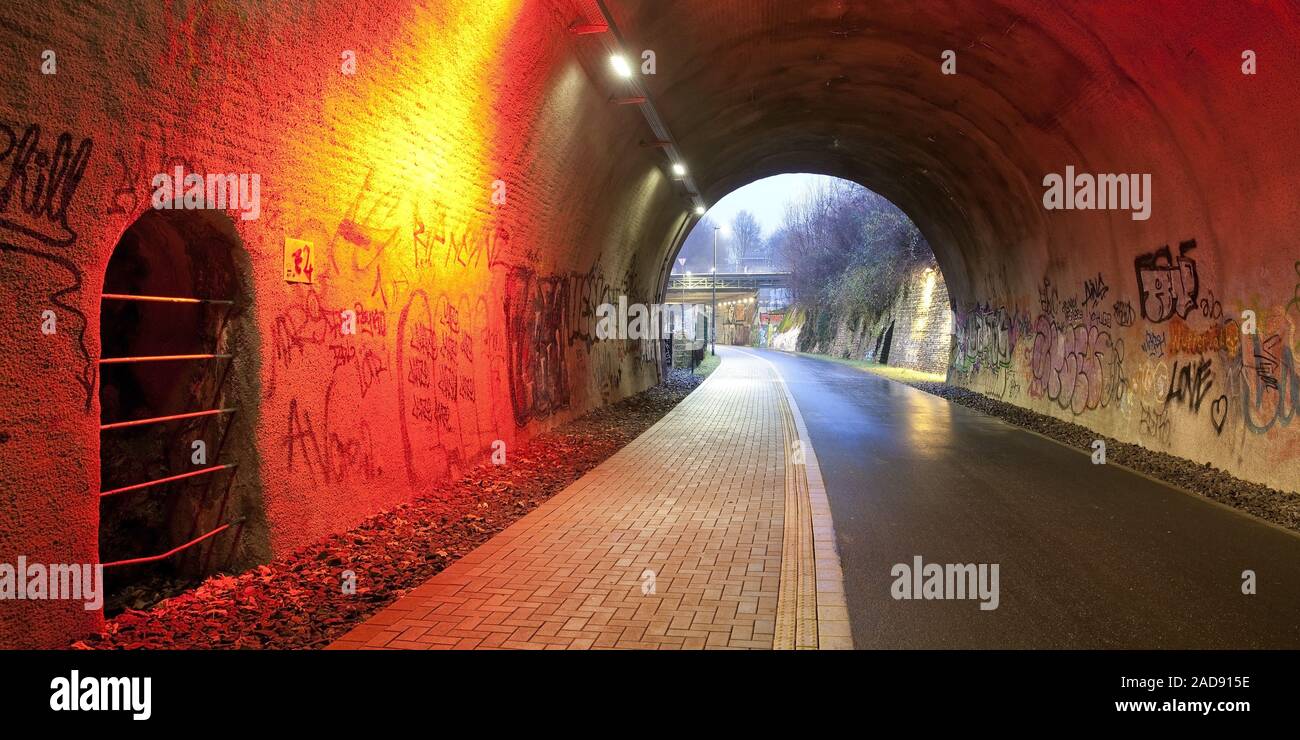 Tunnel, Dorrenberg Tanztunnel, ex binario, ora il percorso del ciclo di sera, Wuppertal, Germania Foto Stock