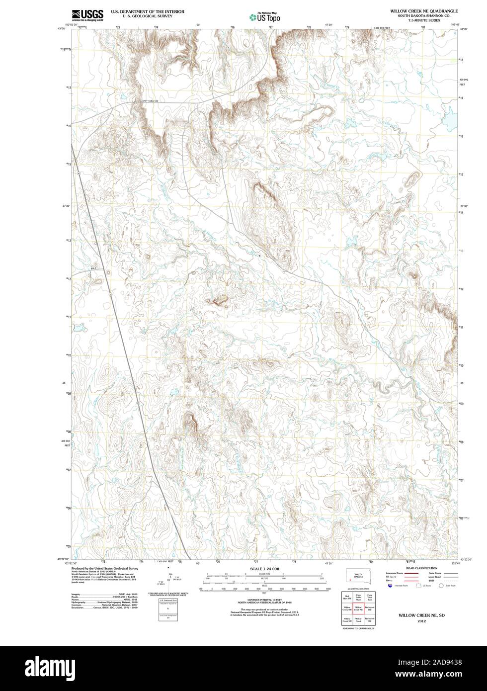 USGS TOPO Map South Dakota SD WILLOW CREEK NE 20120620 TM il restauro Foto Stock