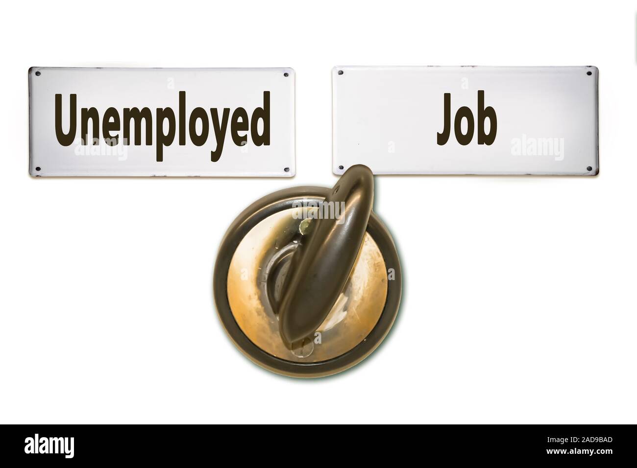 Un cartello stradale a lavoro versus disoccupati Foto Stock