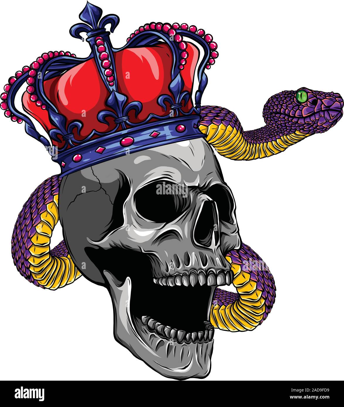 Disegnato a mano cranio re indossa la corona. Illustrazione Vettoriale Illustrazione Vettoriale