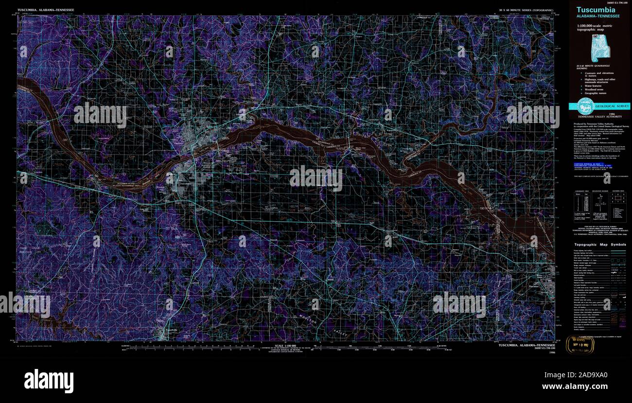 USGS TOPO Map Tennessee AL Tuscumbia 305785 1986 100000 Restauro invertito Foto Stock