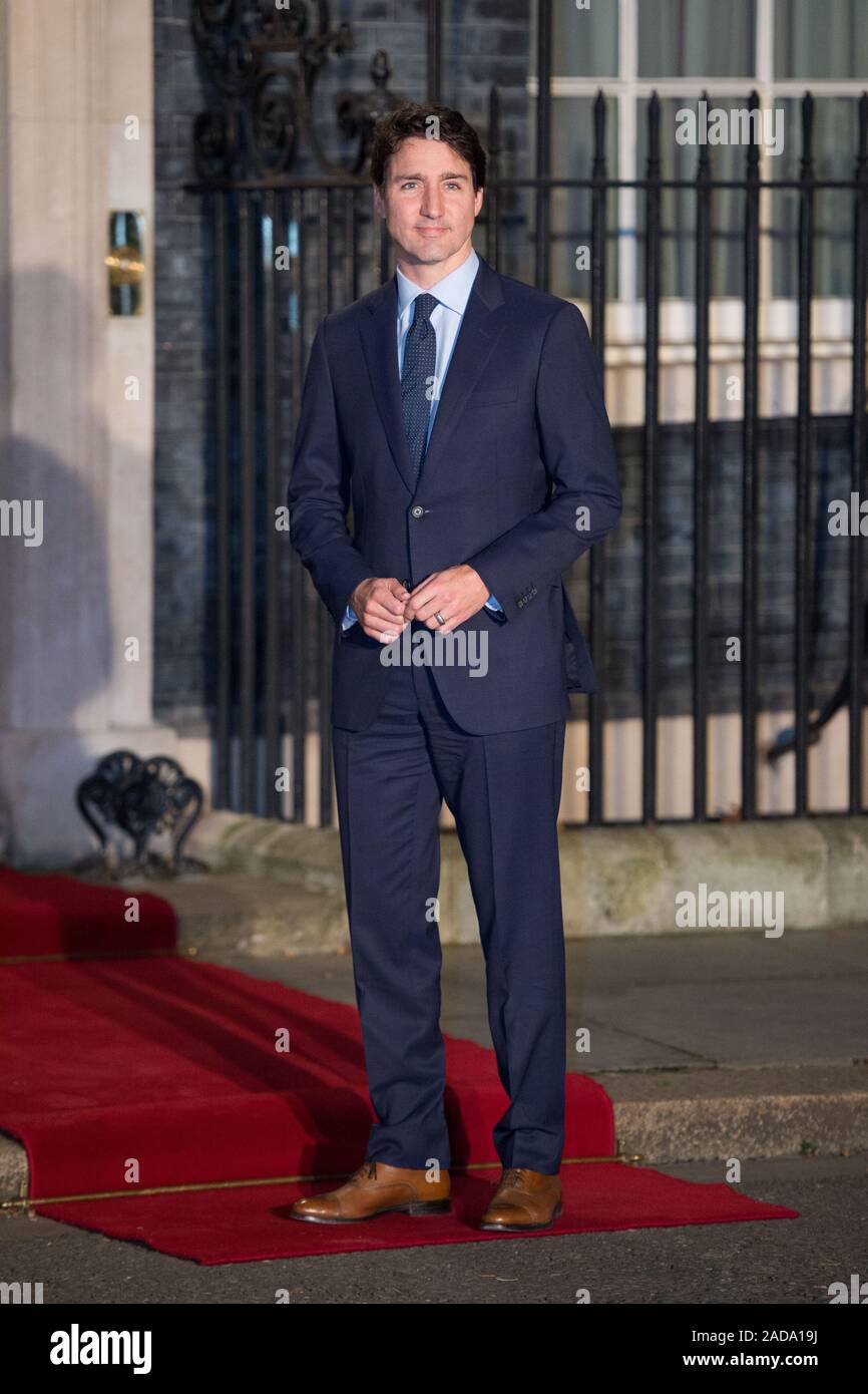Londra, Regno Unito. Il 3 dicembre 2019. Nella foto: Justin Trudeau - Il Primo ministro del Canada. Boris Johnson, Primo Ministro del Regno Unito ospita una reception con leader stranieri in anticipo della NATO (Organizzazione del Trattato del Nord Atlantico) riunione il 4 dicembre. Credito: Colin Fisher/Alamy Live News. Foto Stock