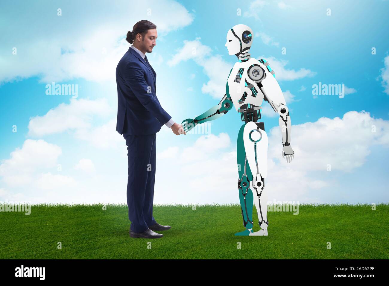 Concetto di cooperazione tra uomo e robot Foto Stock