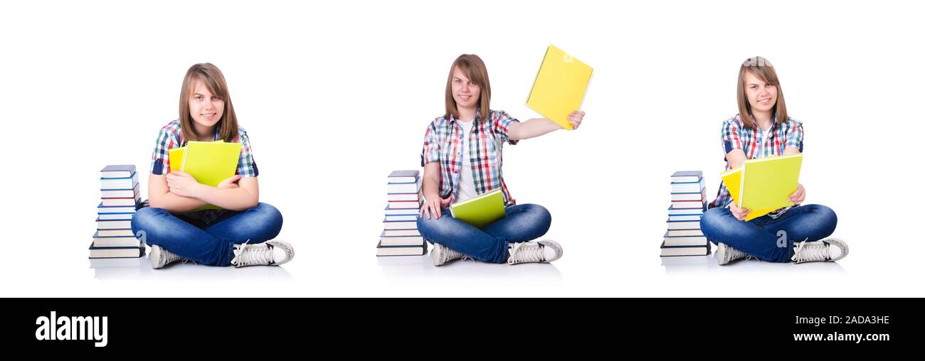 Una studentessa con libri su bianco Foto Stock