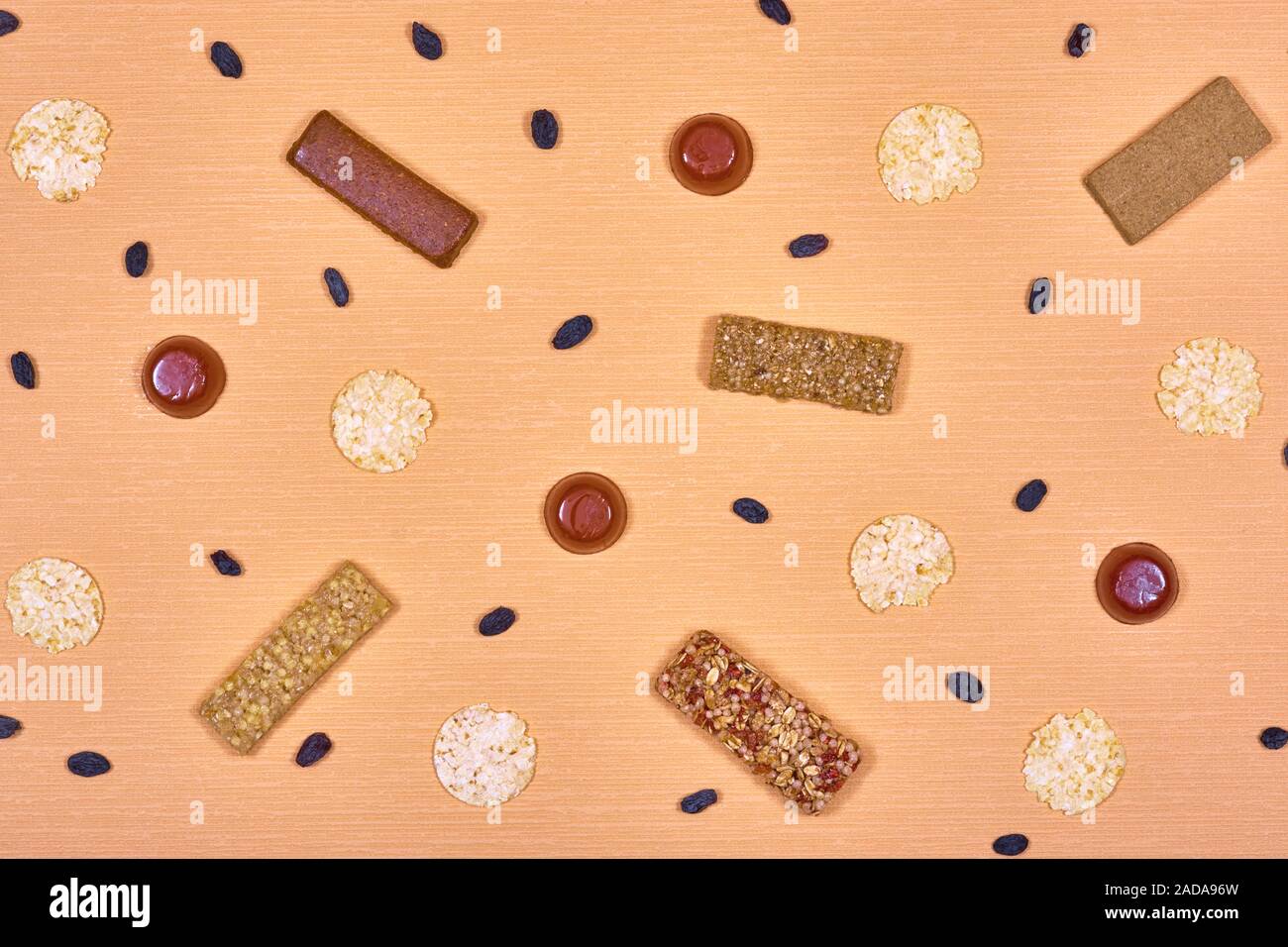 Barrette dietetiche, marmellata, pane e uvetta. Foto Stock