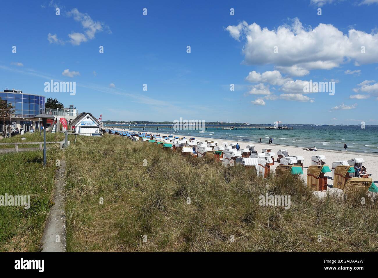 Scharbeutz spiaggia in estate con sedie da spiaggia in vimini, Mar Baltico, Germania Foto Stock