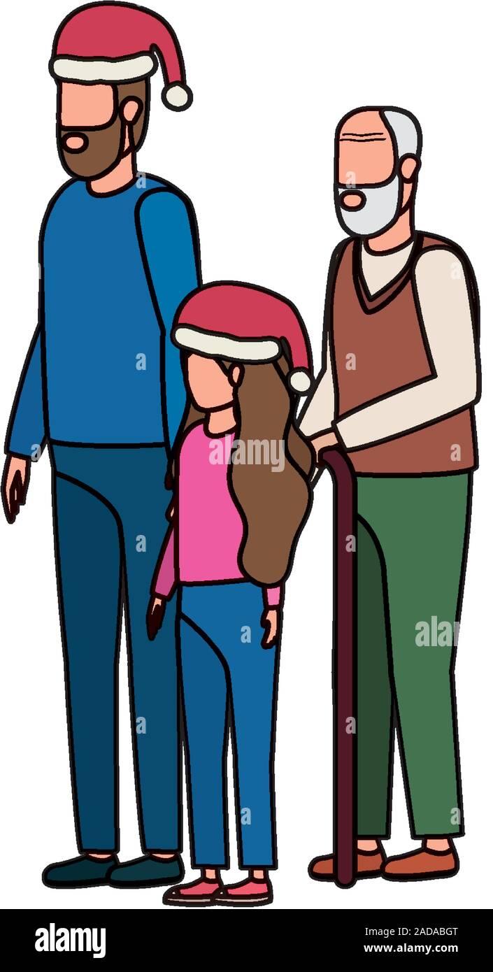 Carino il nonno con il giovane figlio e nipote con cappello di Natale Illustrazione Vettoriale