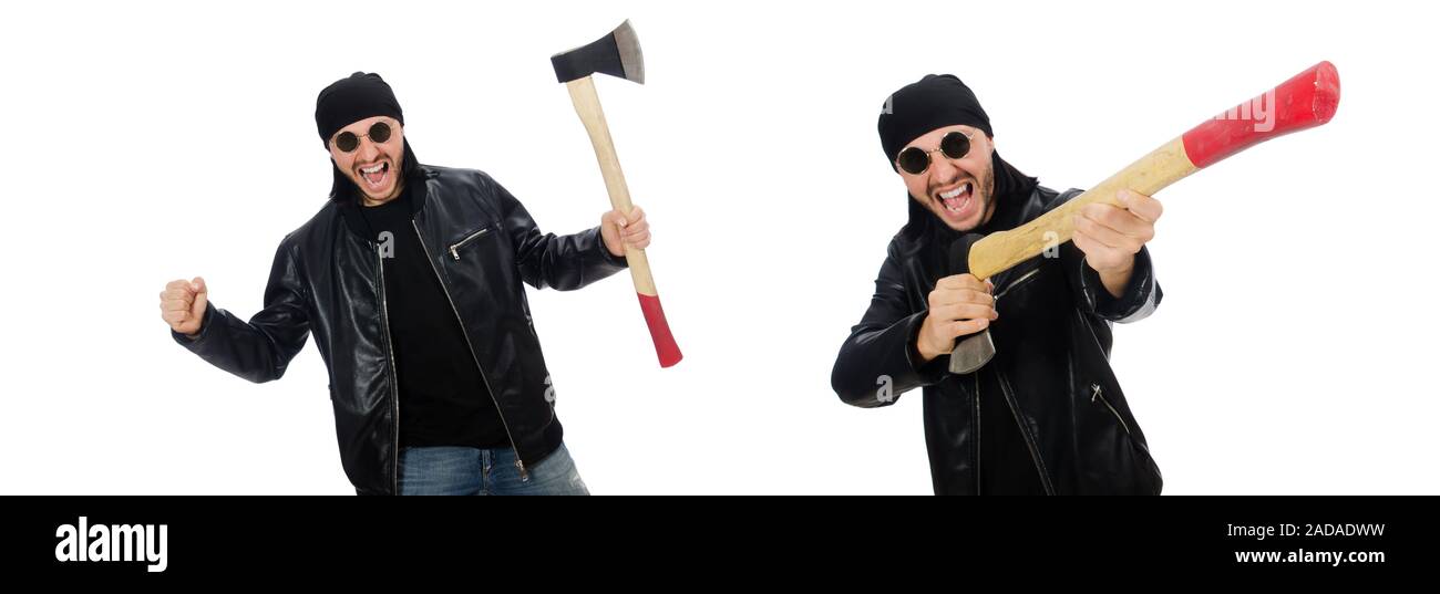 L'uomo arrabbiato con ax isolato su bianco Foto Stock
