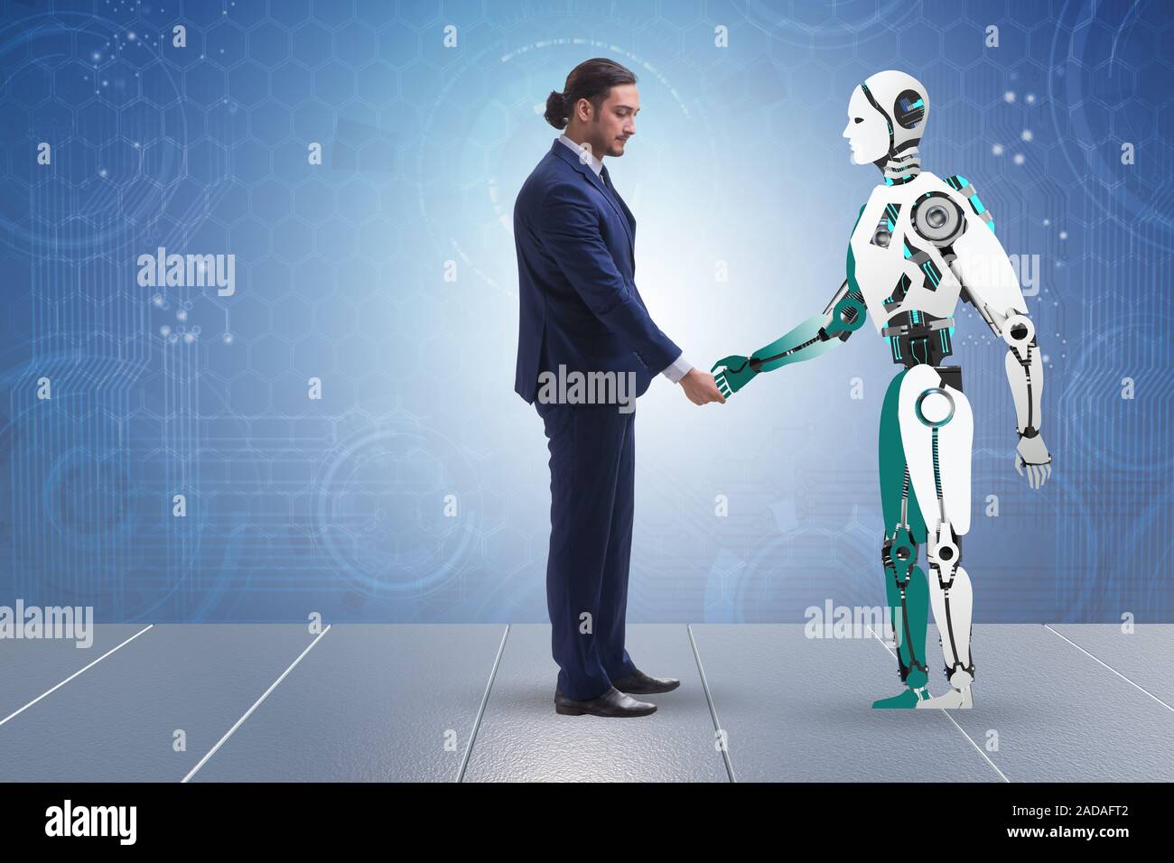 Concetto di cooperazione tra uomo e robot Foto Stock