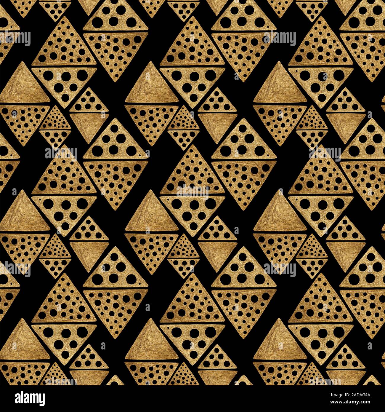 Oro etnico dipinto a mano seamless pattern. Abstract a rombo e triangoli sfondo dorato. Aztec tribali texture geometrica. Foto Stock
