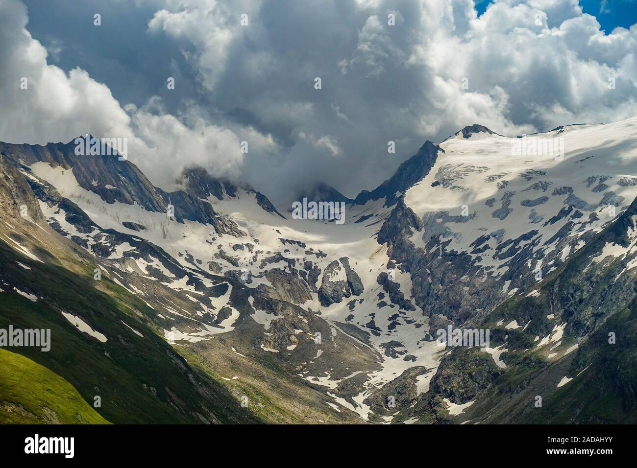 Vista dal Hohe Mut Alm per la parete del ghiacciaio di Rotmoosalm, Sud Tirolo, Austria Foto Stock