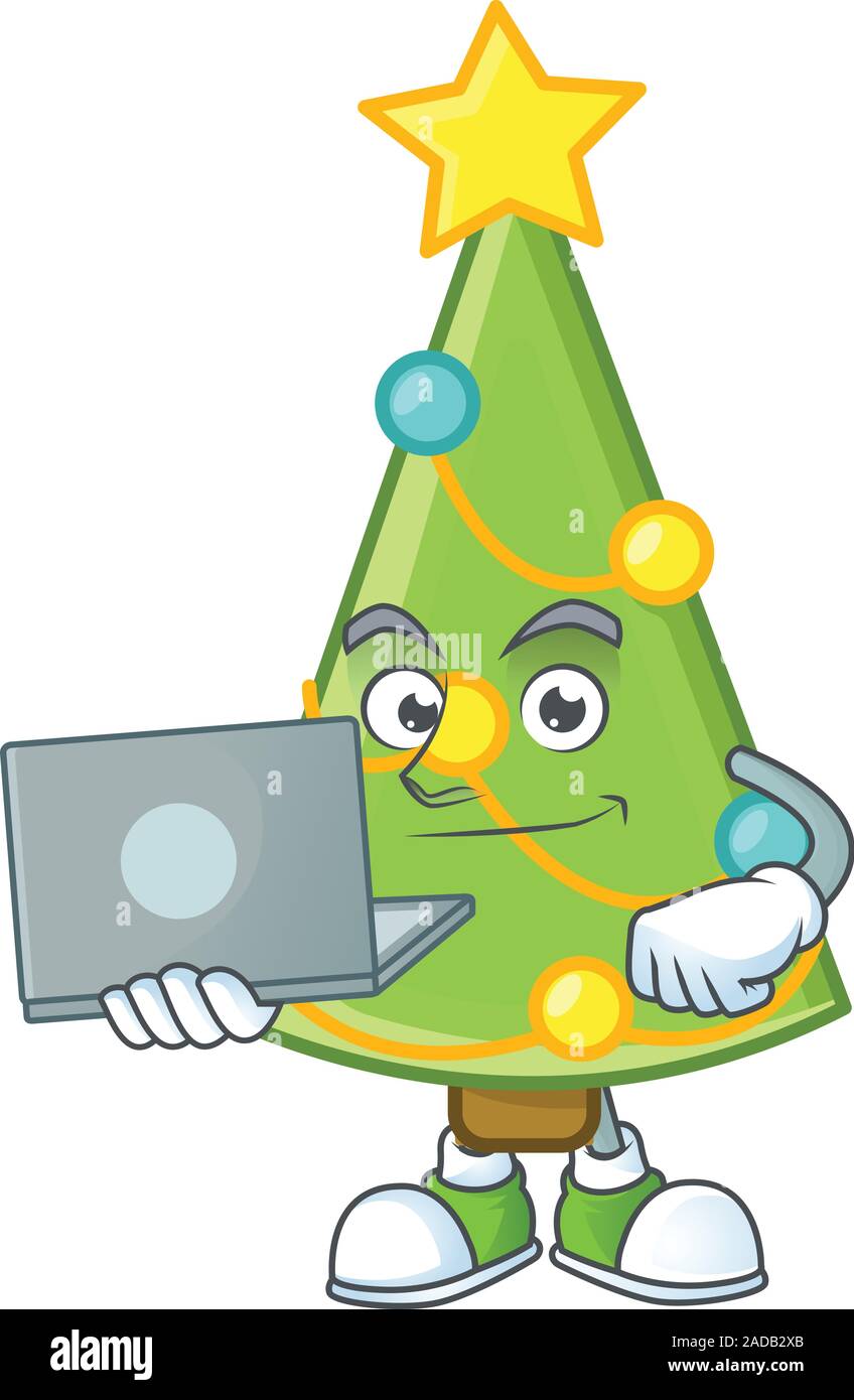 Sorridenti Decorazione per albero di natale personaggio dei fumetti a lavorare con il computer portatile Illustrazione Vettoriale