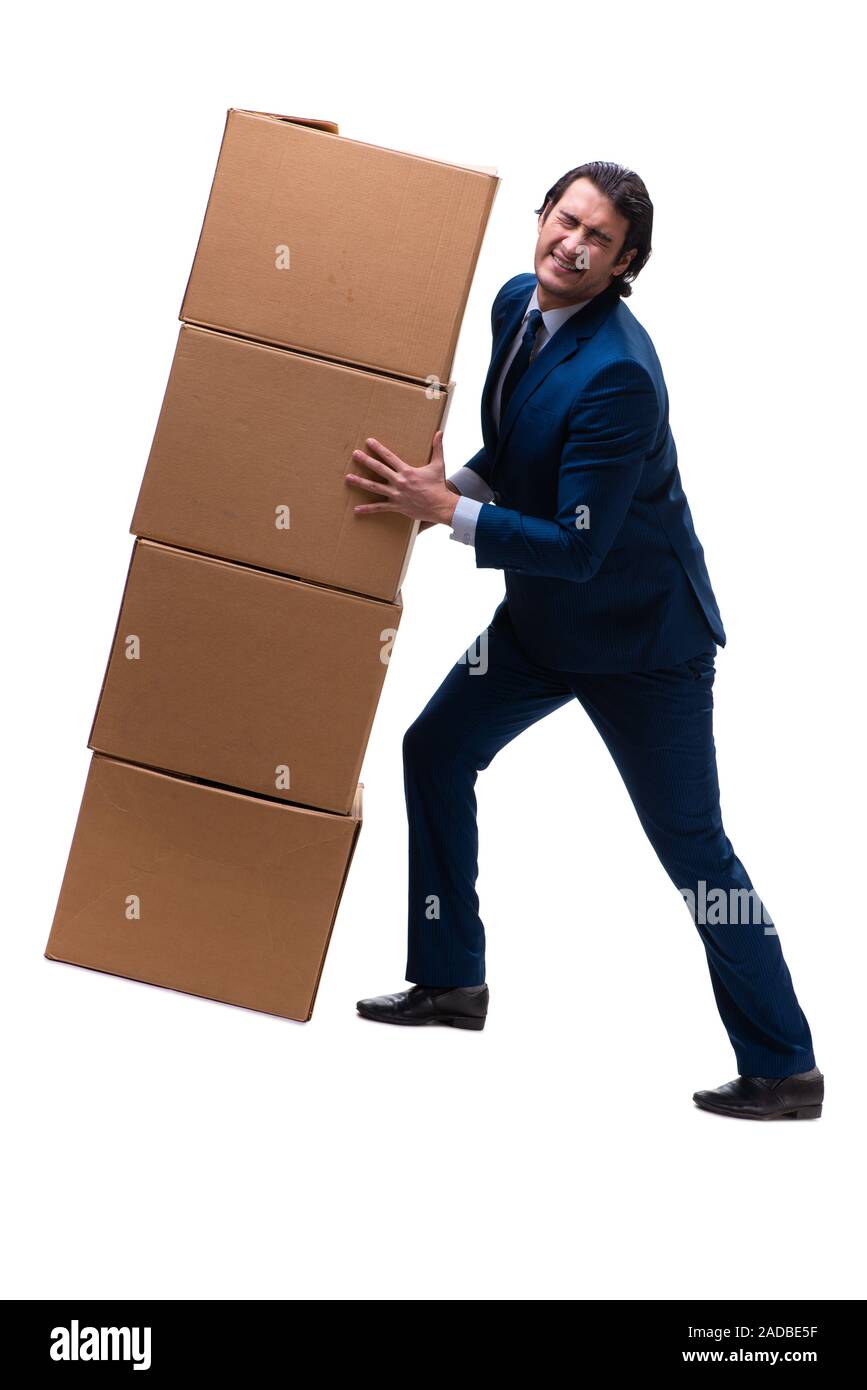 Giovane maschio dipendente con scatole isolato su bianco Foto Stock