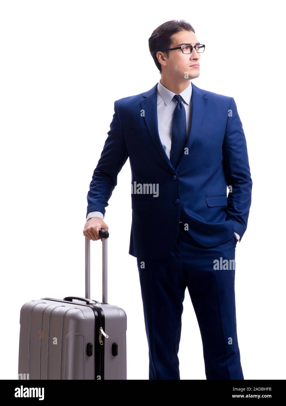 Giovane imprenditore con valigia isolati su sfondo bianco Foto Stock