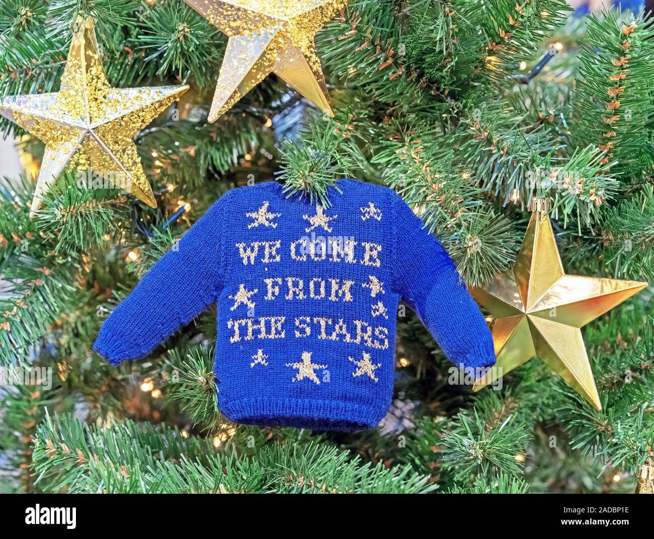 Poco maglione blu e stelle dorate su un albero di Natale. Foto Stock