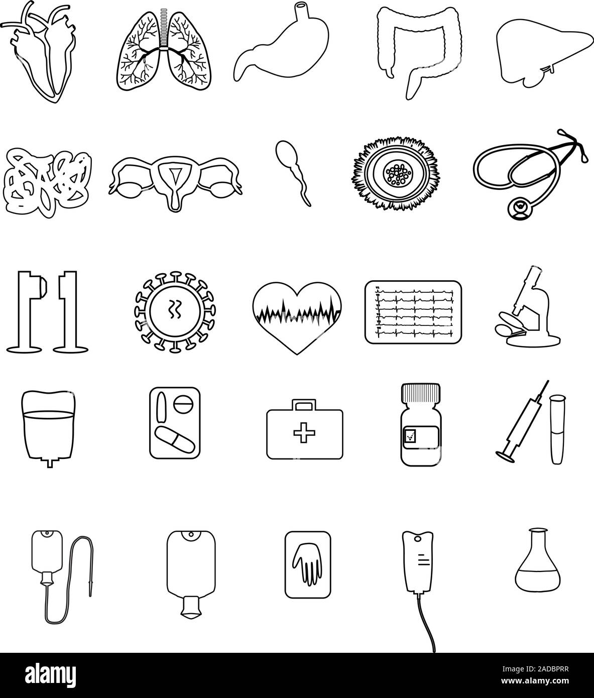 Set di medici icone lineare. organi umani. Cuore, polmoni, fegato, pelle, stomaco, colon, organi riproduttivi femminili, l'uovo, sperma, virus contagocce, raggi X Illustrazione Vettoriale