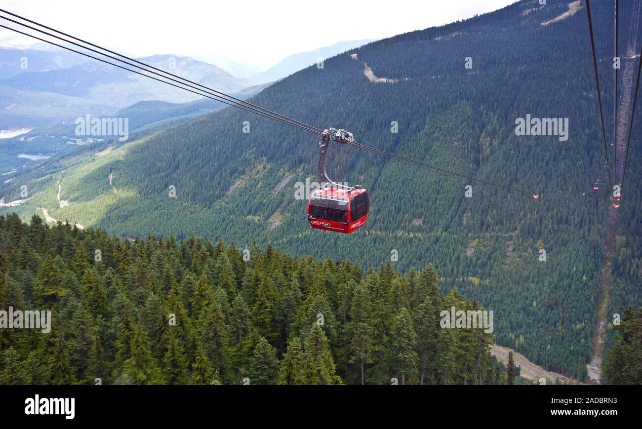 Il picco picco 2 gondola, viaggiando tra le vette del Monte Blackcomb e Whistler Mountain. Whistler, BC, Canada Foto Stock