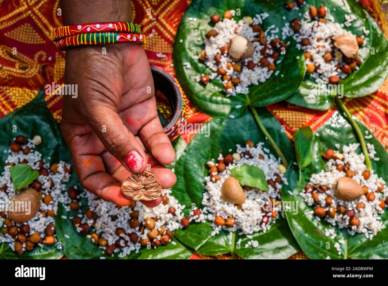 La mano di una donna, offrendo il riso e i dadi, prendendo parte alla cerimonia Khoich all'interno della Ram Mandir Al Maha Astmi, il giorno principale del festival Darsain Foto Stock