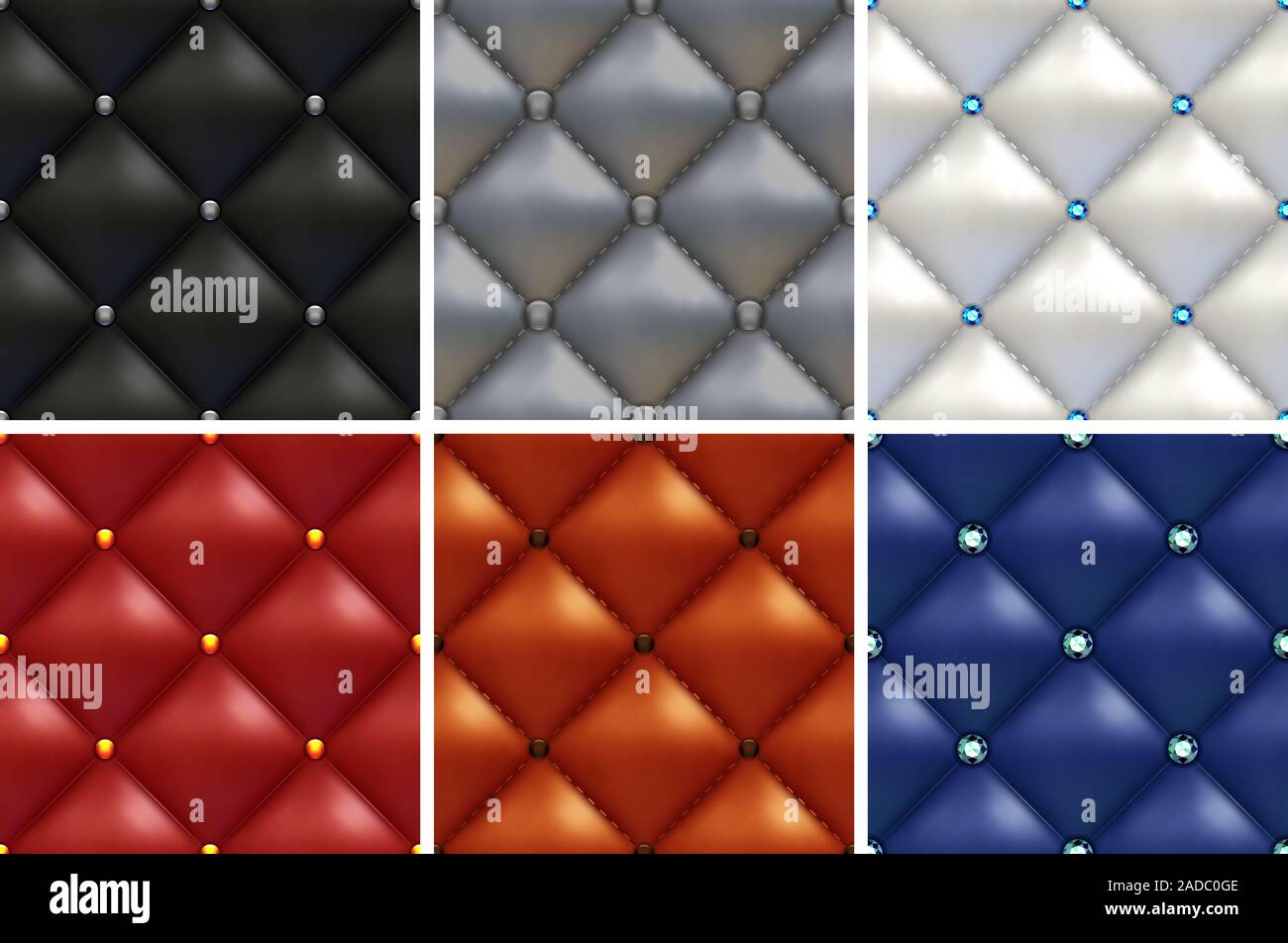 Set di lusso di nero, bianco, grigio, marrone, rosso, blu modelli di mobili vintage selleria con diversi pulsanti. Seamless Textures di furni in pelle Foto Stock