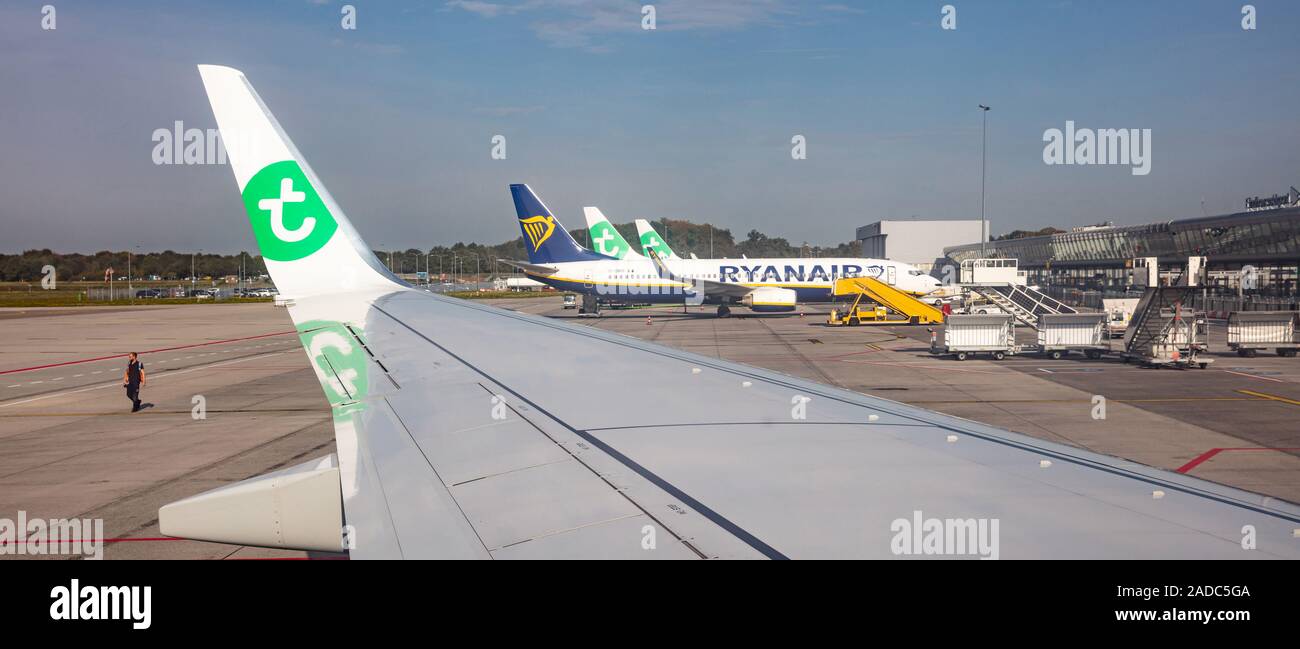 Eindhoven Paesi Bassi. Ottobre 14, 2019. Gli aerei atterravano all'aeroporto di Eindhoven. Vista al di fuori del piano di Transavia finestra. Foto Stock
