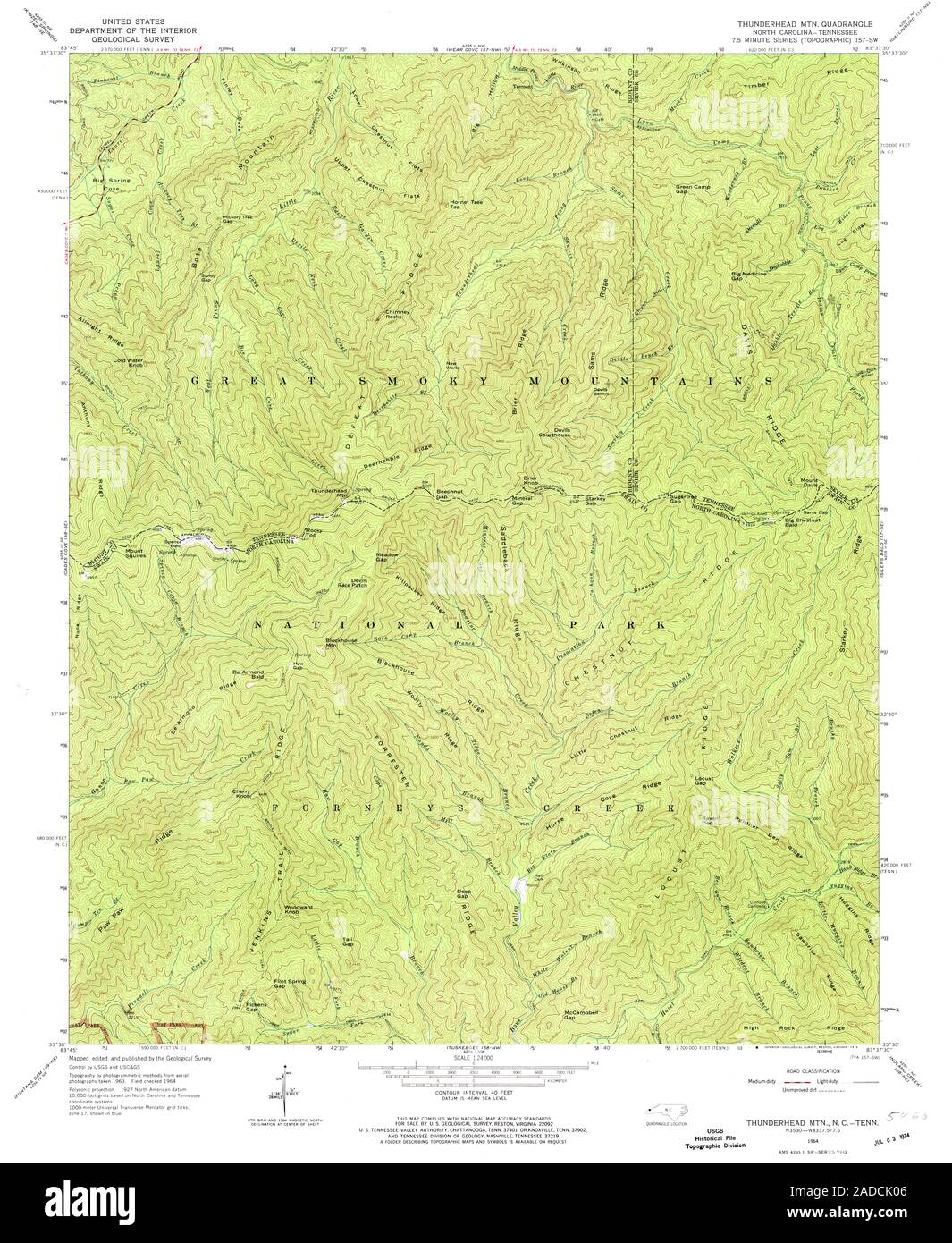 USGS mappa TOPO NC Tennessee Thunderhead Mtn 164698 1964 24000 Restauro Foto Stock